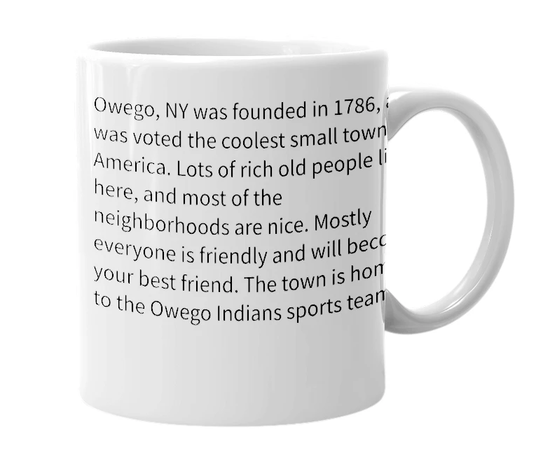 White mug with the definition of 'Owego'