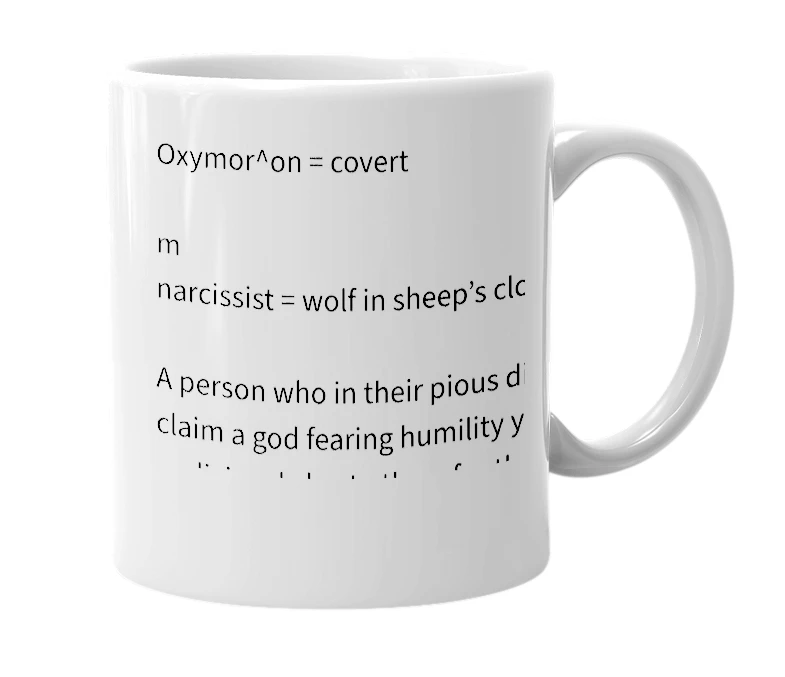 White mug with the definition of 'Oxymormon'