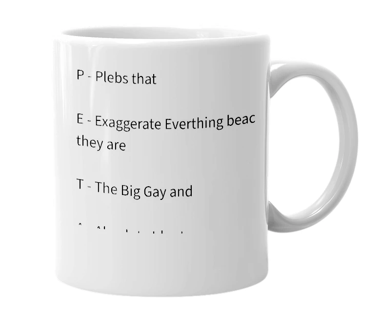 White mug with the definition of 'PETA'