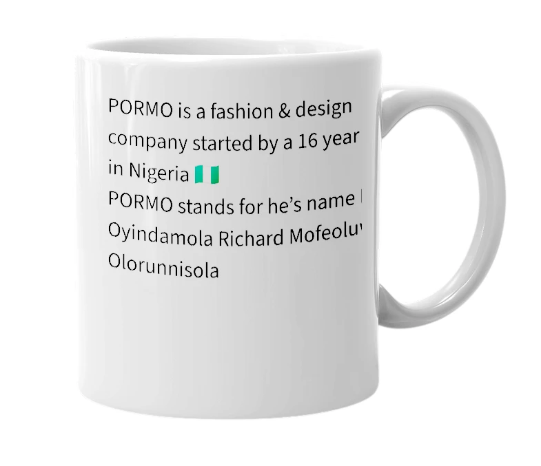 White mug with the definition of 'Pormo'