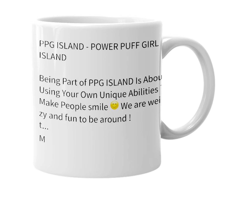 White mug with the definition of 'PPG ISLAND'