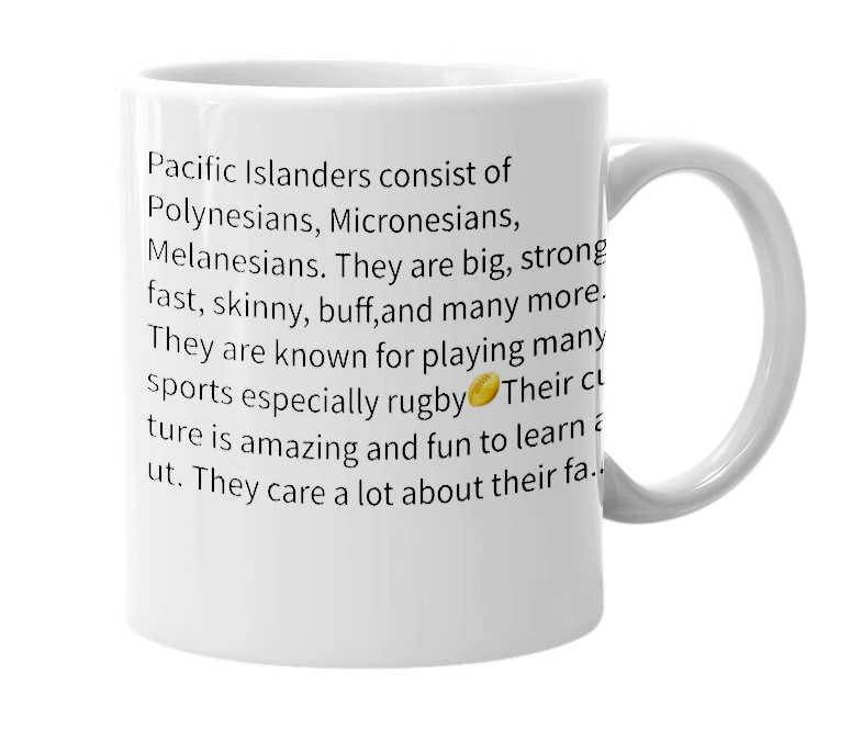 White mug with the definition of 'Pacific Islanders'