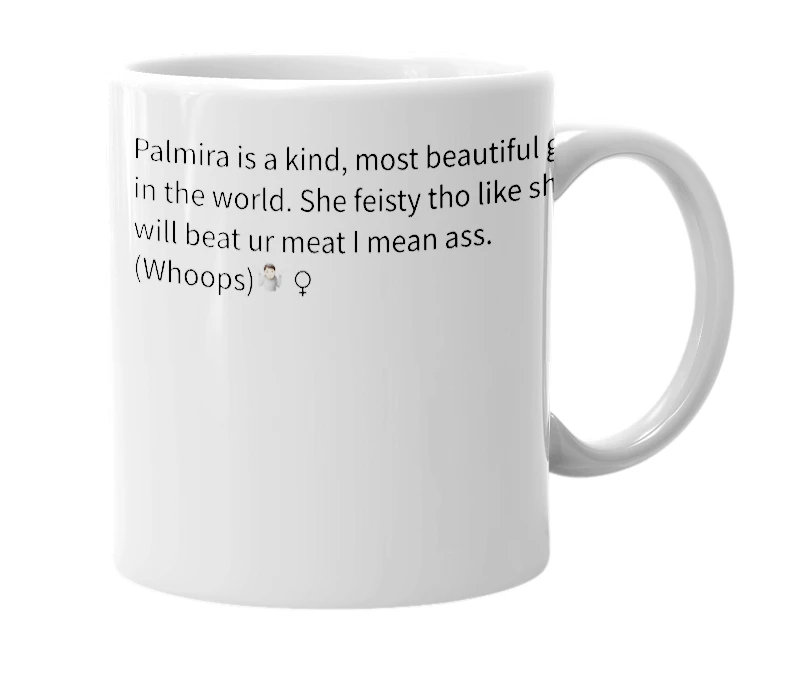 White mug with the definition of 'palmira'