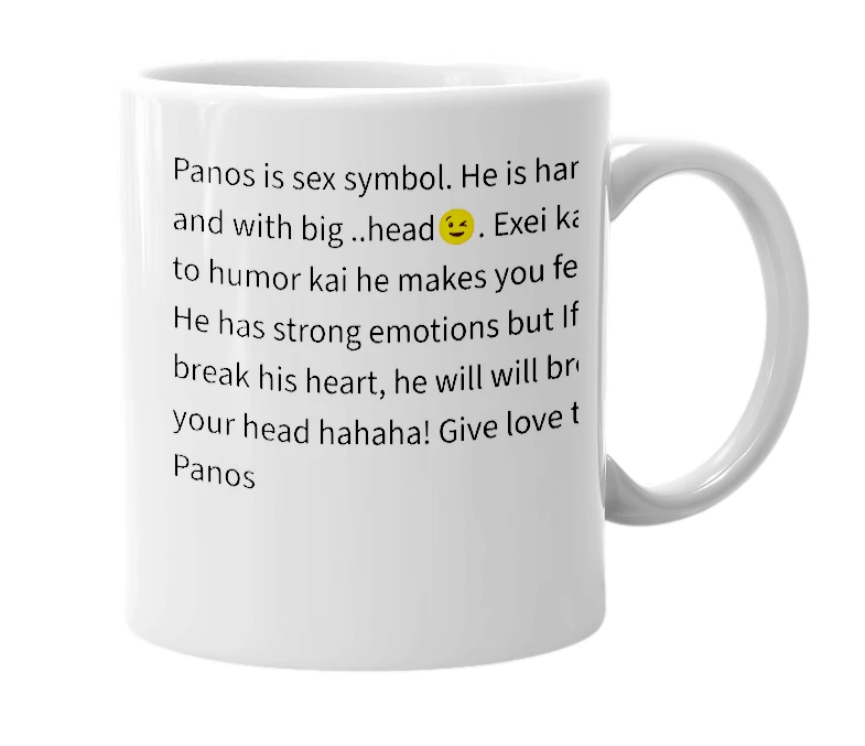 White mug with the definition of 'Panos'