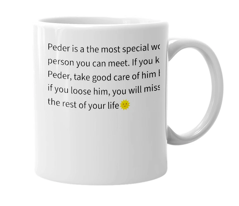 White mug with the definition of 'Peder'
