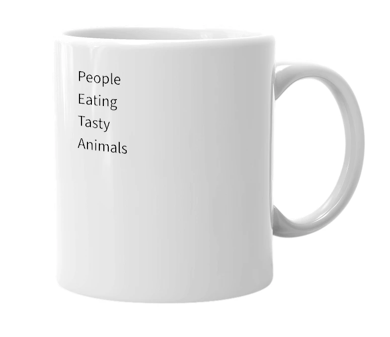 White mug with the definition of 'P.E.T.A'