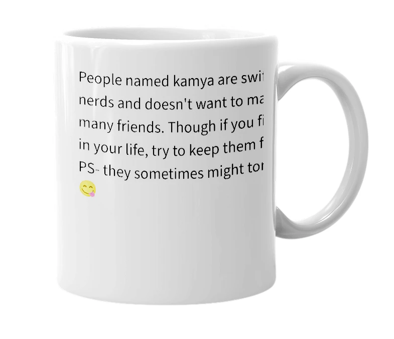 White mug with the definition of 'kamya'