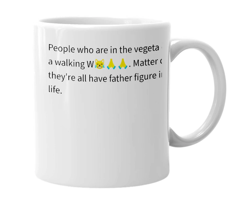 White mug with the definition of 'Vegeta cult'
