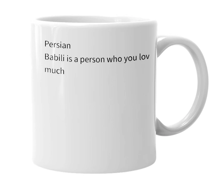 White mug with the definition of 'babili'