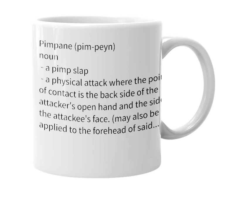 White mug with the definition of 'Pimpane'