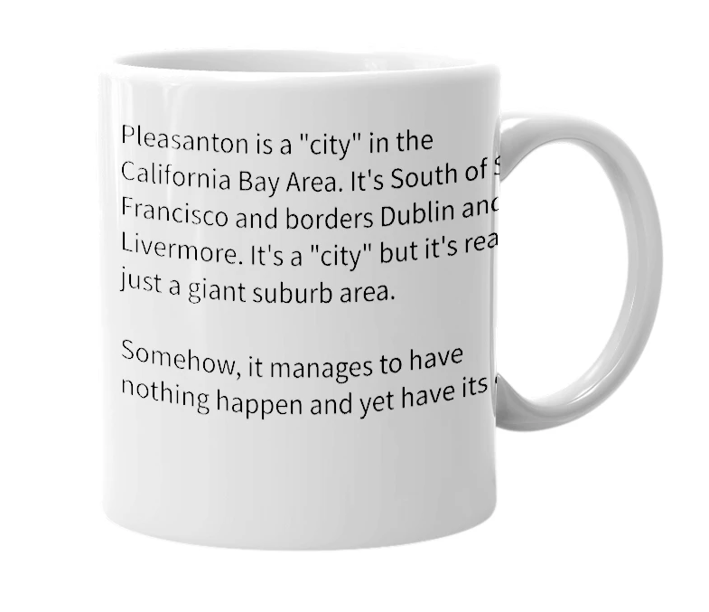 White mug with the definition of 'Pleasanton'