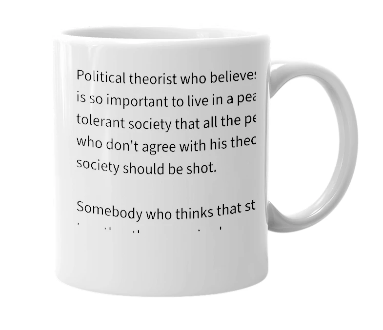 White mug with the definition of 'John Rawls'