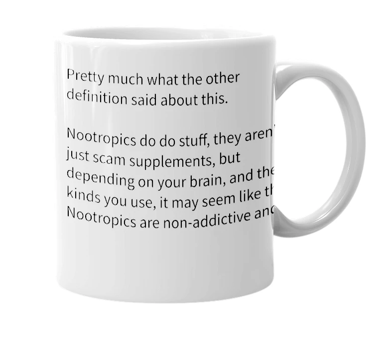 White mug with the definition of 'Nootropics'