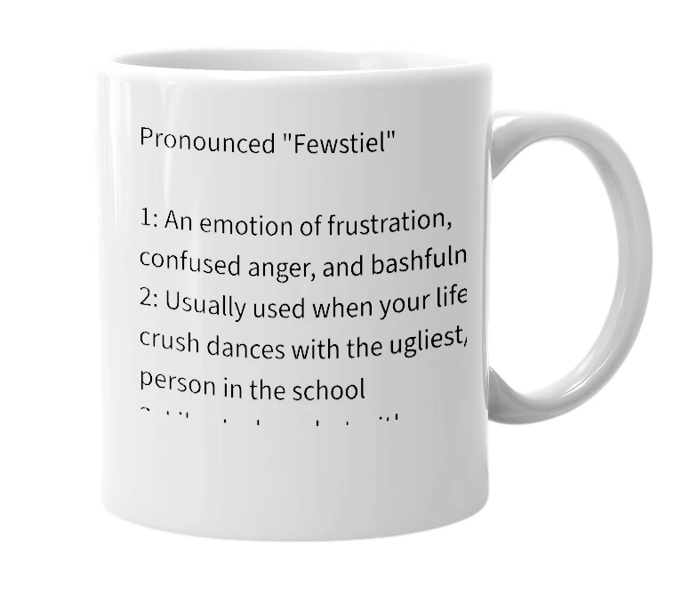 White mug with the definition of 'Fustile'