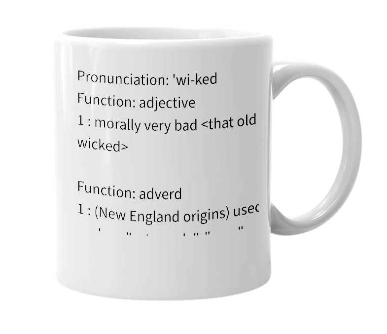 White mug with the definition of 'wicked'