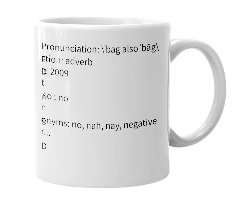 White mug with the definition of 'Bag'
