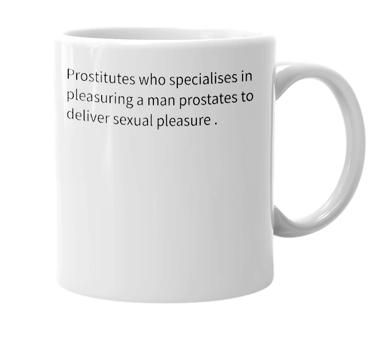 White mug with the definition of 'Prostatutes'