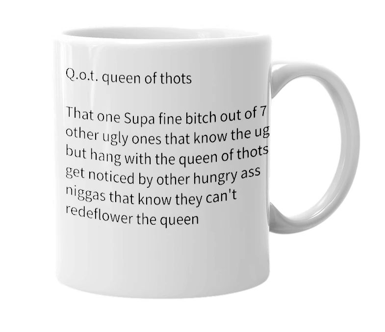White mug with the definition of 'q.o.t.'