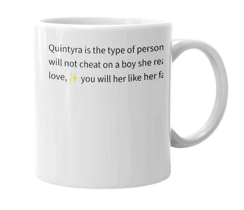 White mug with the definition of 'quintyra'