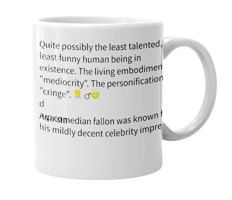 White mug with the definition of 'jimmy fallon'