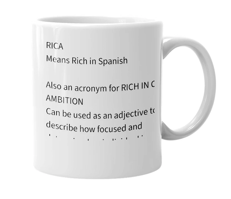 White mug with the definition of 'RICA'