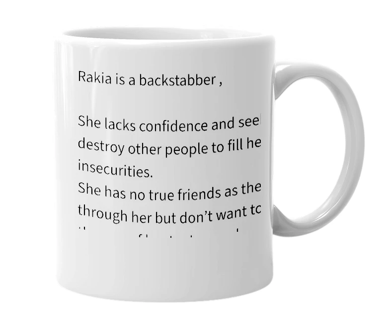 White mug with the definition of 'Rakia'