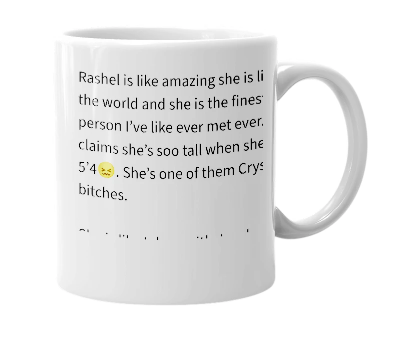 White mug with the definition of 'Rashel'