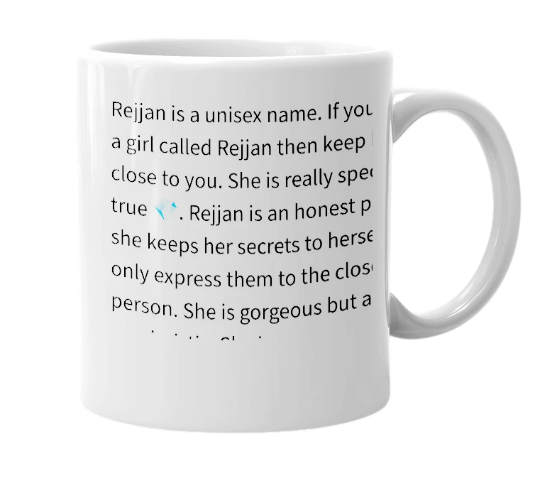 White mug with the definition of 'Rejjan'