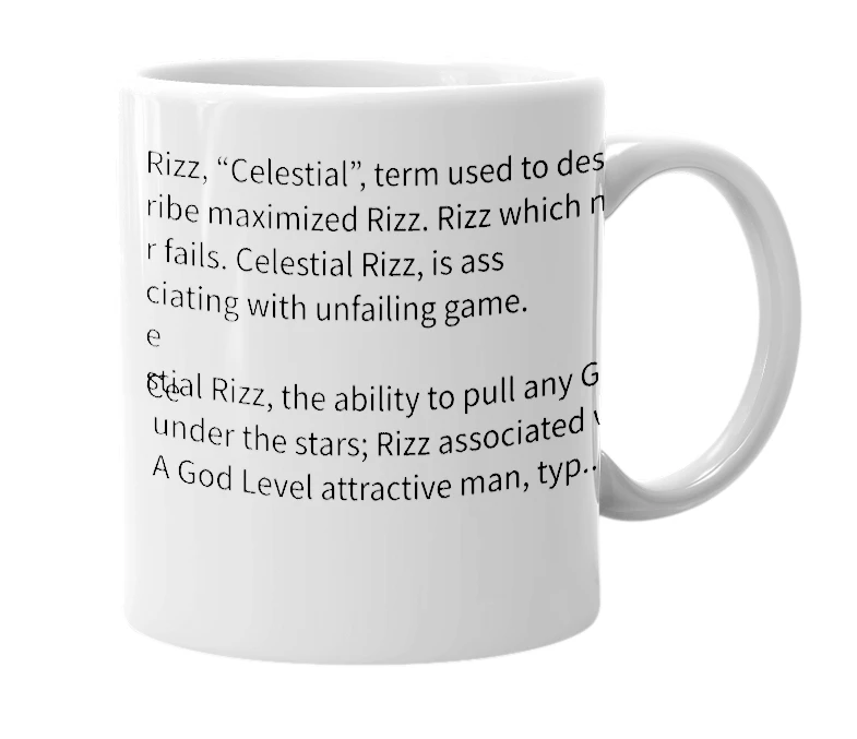 White mug with the definition of 'Celestial Rizz'