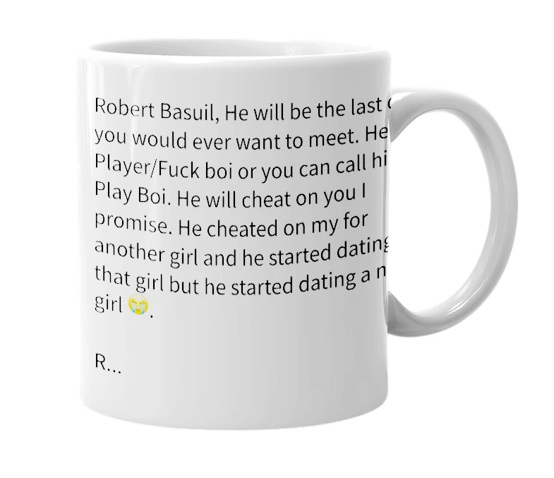 White mug with the definition of 'Robert Basuil'