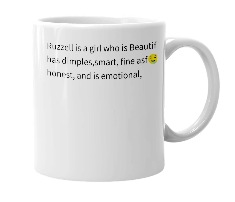 White mug with the definition of 'Ruzzell'