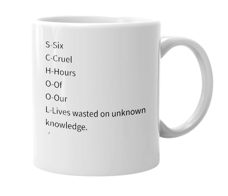 White mug with the definition of 'School'