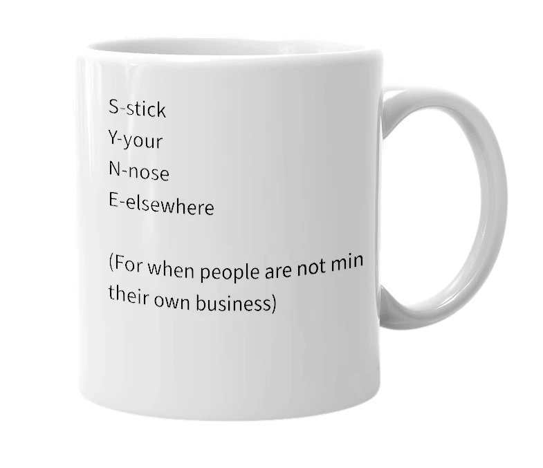 White mug with the definition of 'SYNE'