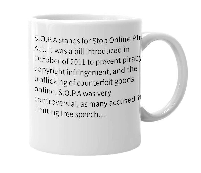 White mug with the definition of 'This text has been found in violation of H.R 3261, S.O.P.A and has been removed.'