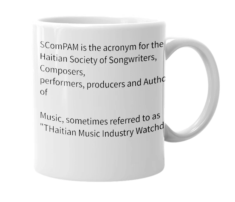 White mug with the definition of 'SComPAM'