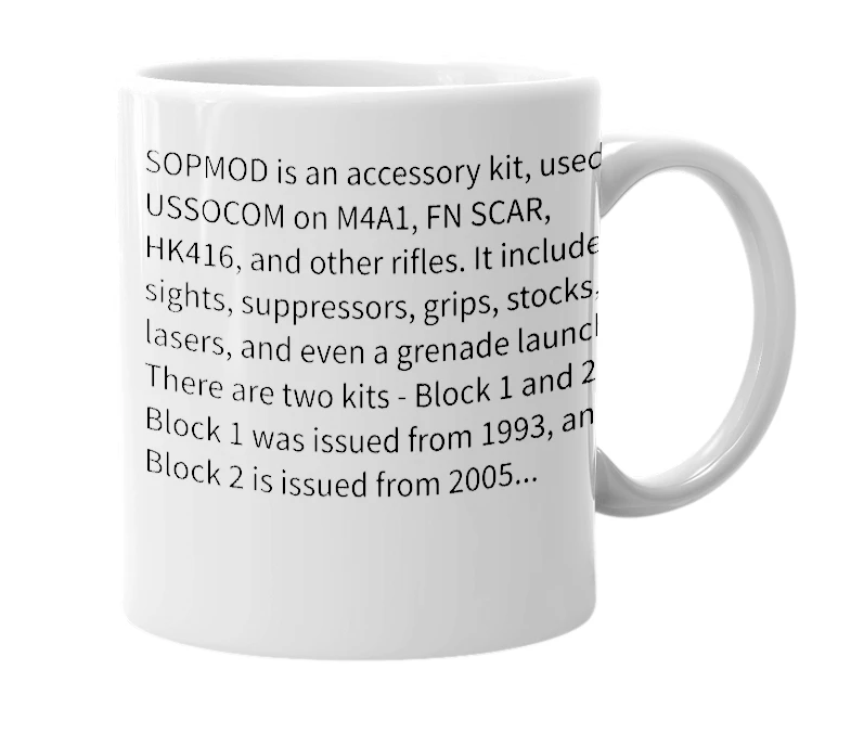 White mug with the definition of 'SOPMOD'