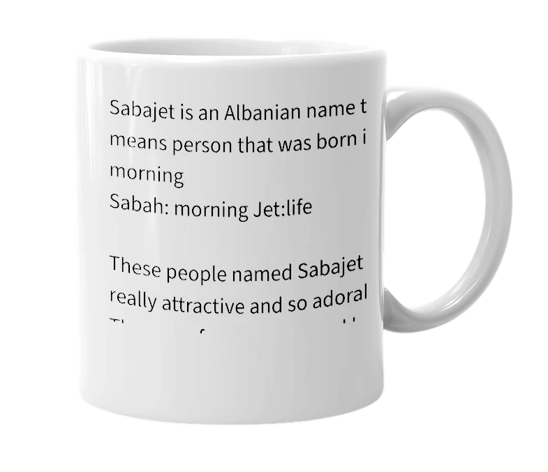 White mug with the definition of 'Sabajet'