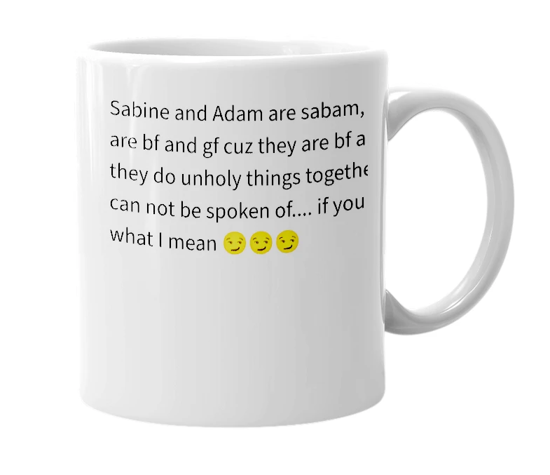 White mug with the definition of 'SABAM'