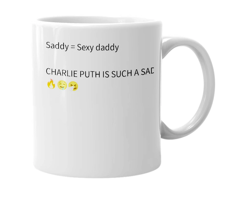 White mug with the definition of 'Saddy'