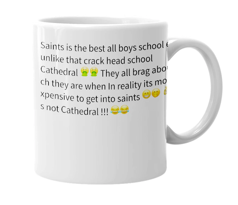 White mug with the definition of 'Saint Augustine High school'