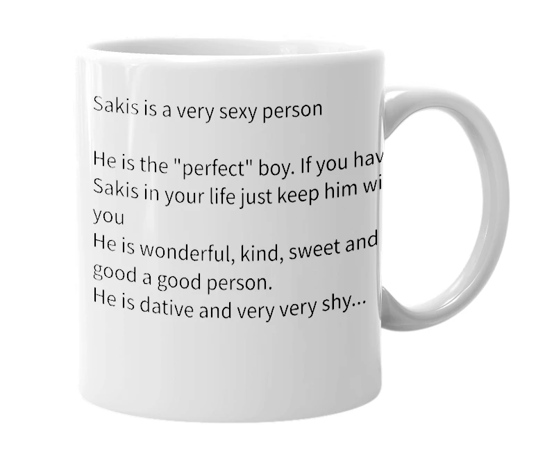 White mug with the definition of 'Sakis'