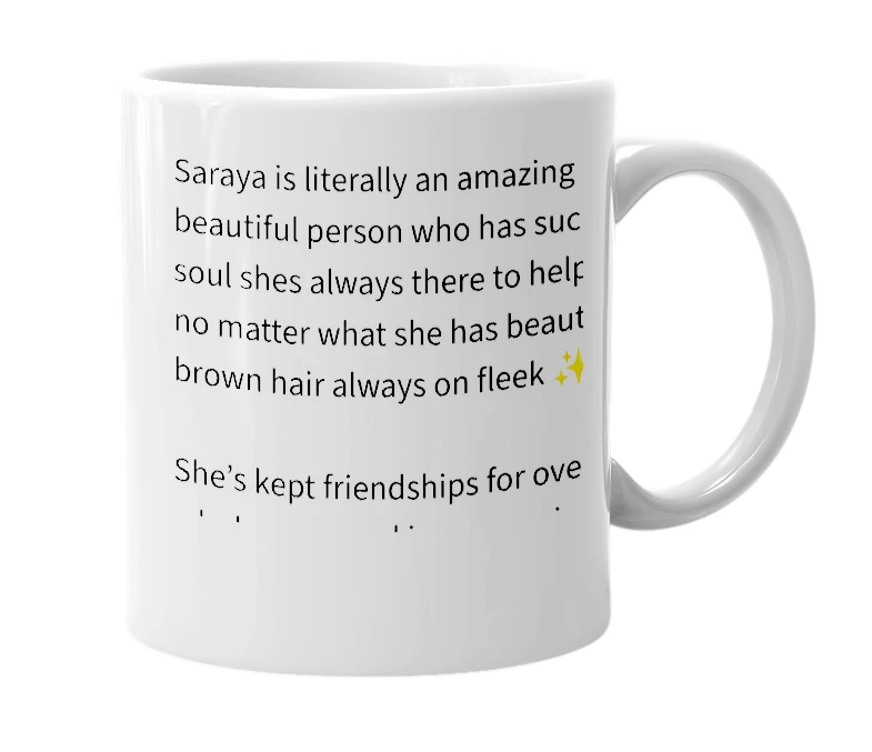 White mug with the definition of 'Saraya'