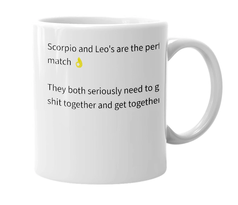 White mug with the definition of 'Scorpio and Leo'