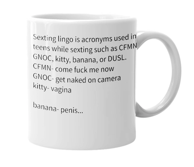 White mug with the definition of 'sexting lingo'