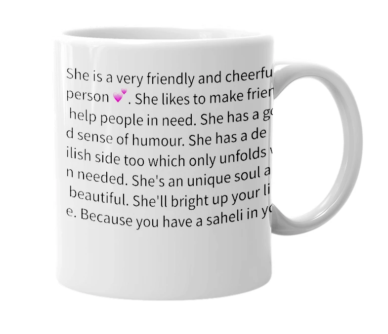 White mug with the definition of 'Saheli'