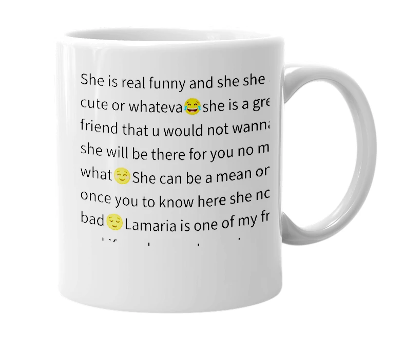 White mug with the definition of 'Lamaria'