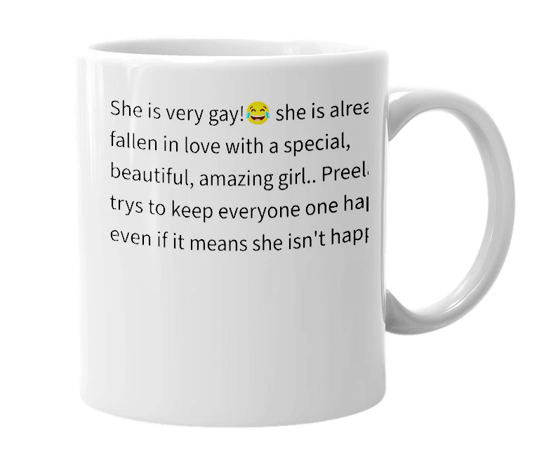 White mug with the definition of 'Preelanda'