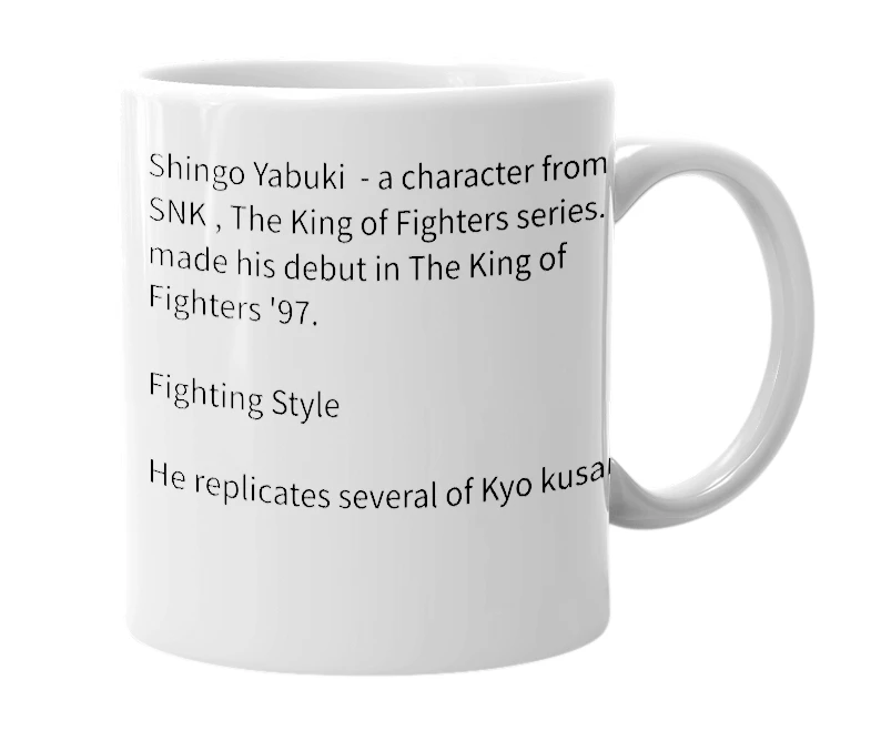 White mug with the definition of 'Shingo Yabuki'