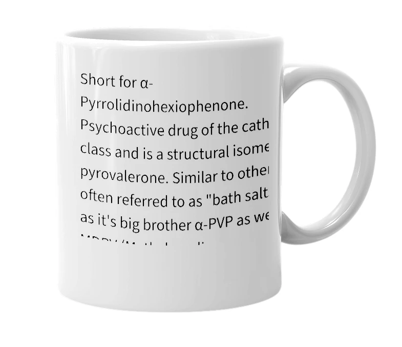 White mug with the definition of 'α-PHP'