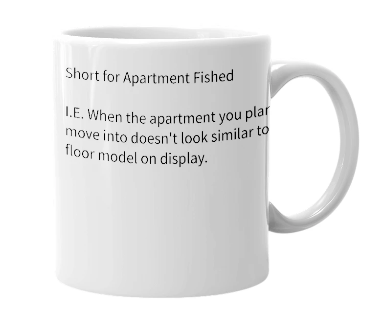 White mug with the definition of 'Apt Fished'